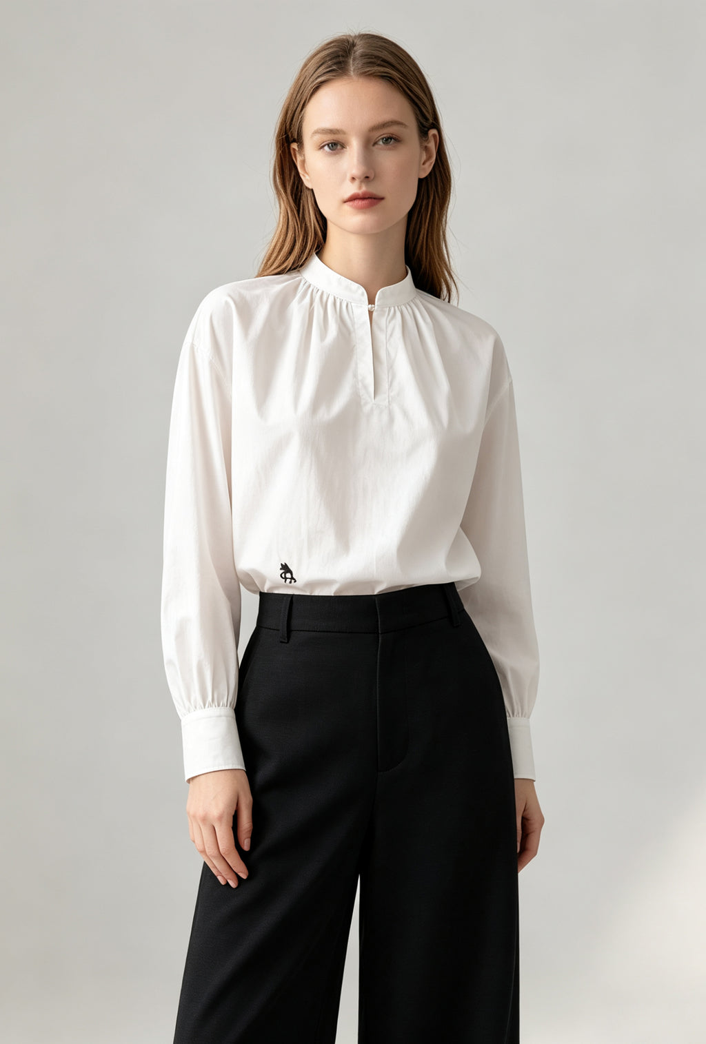 Logo Embroidered Stand Collar Cotton Blouse