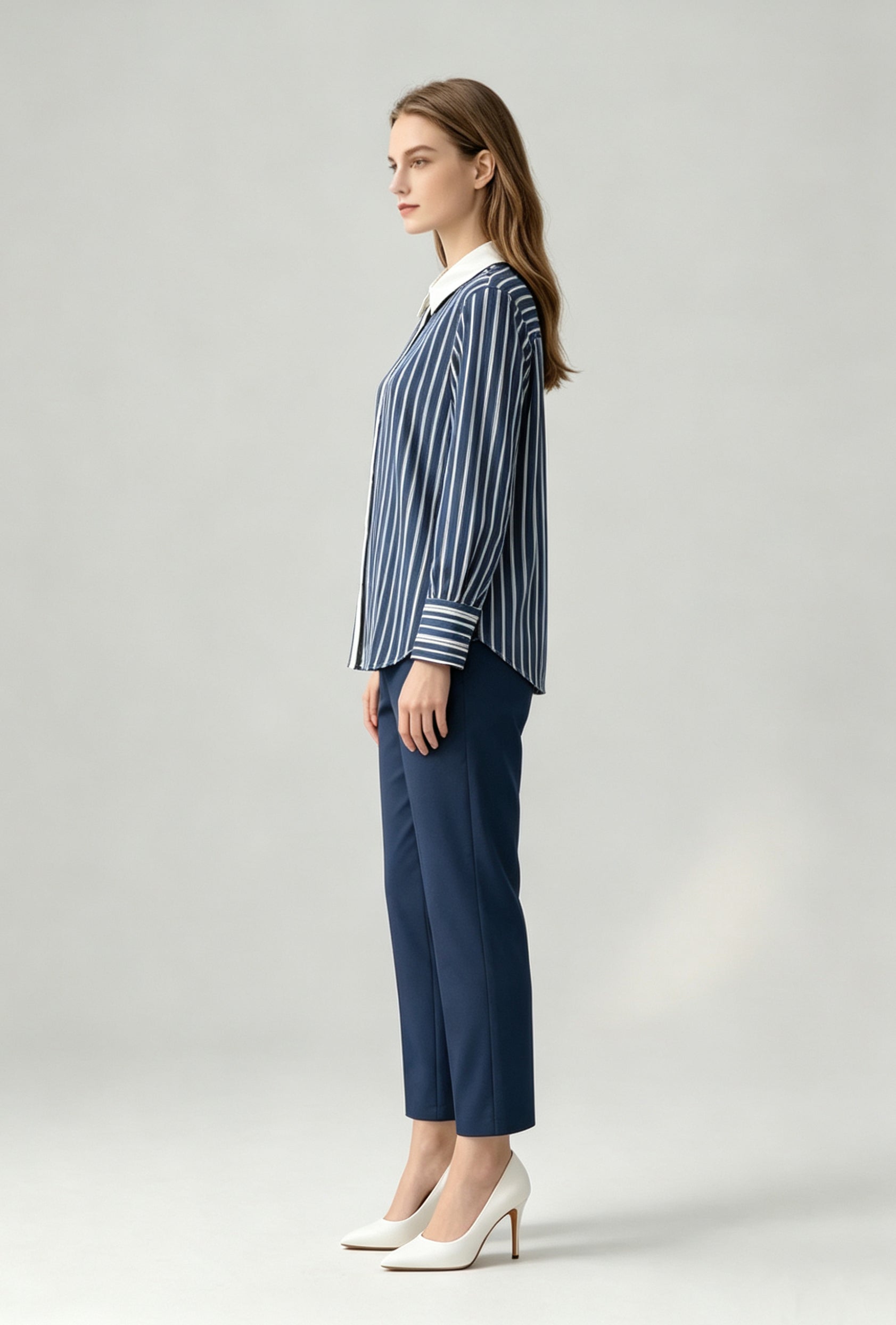 Contrast Collar Stripe Blouse – Blue