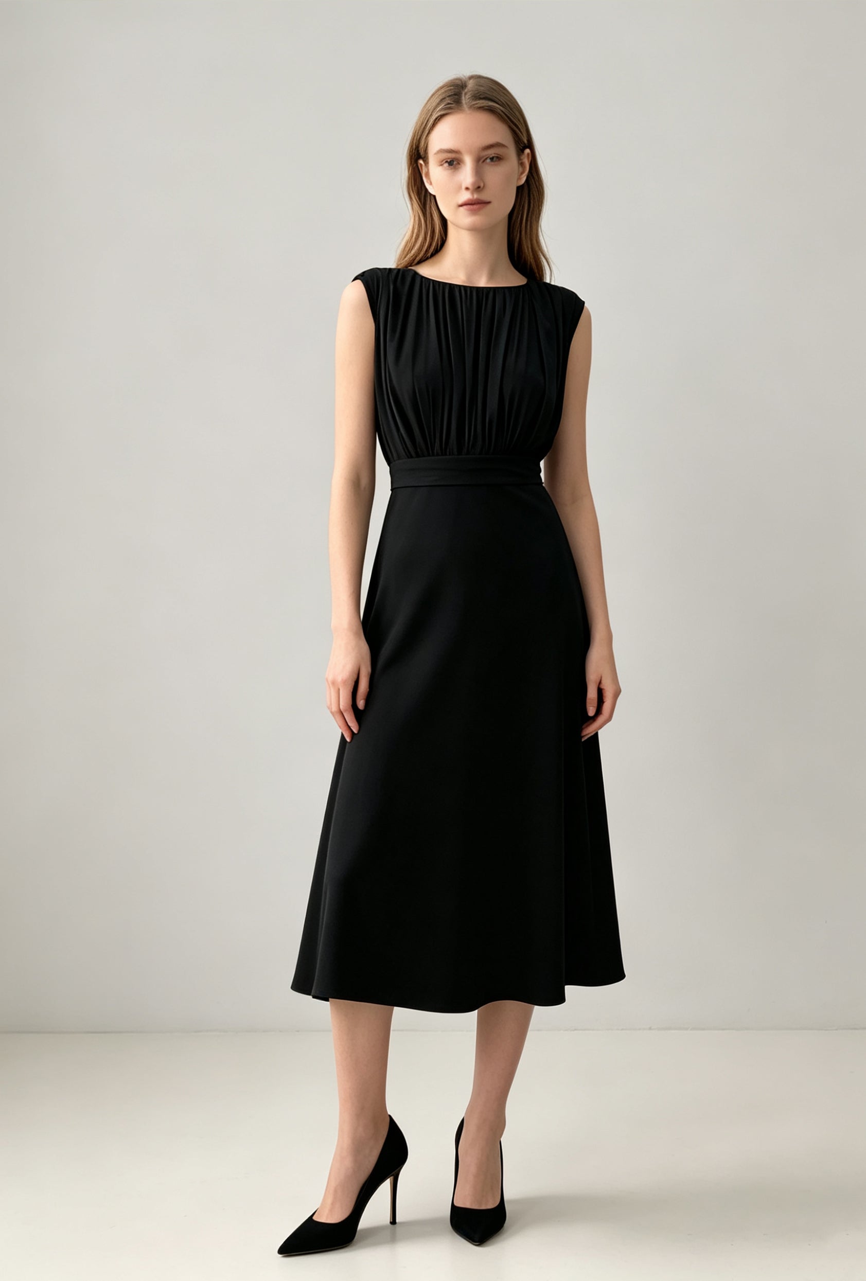 Silk Blend Gathered Midi Dress