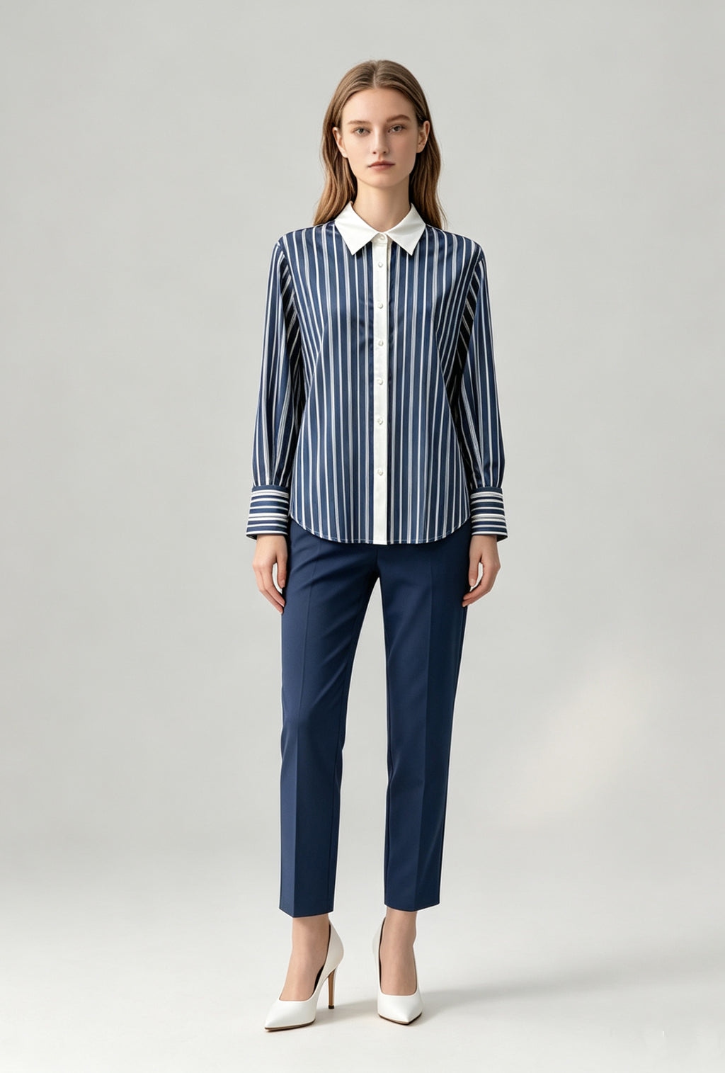 Contrast Collar Stripe Blouse – Blue