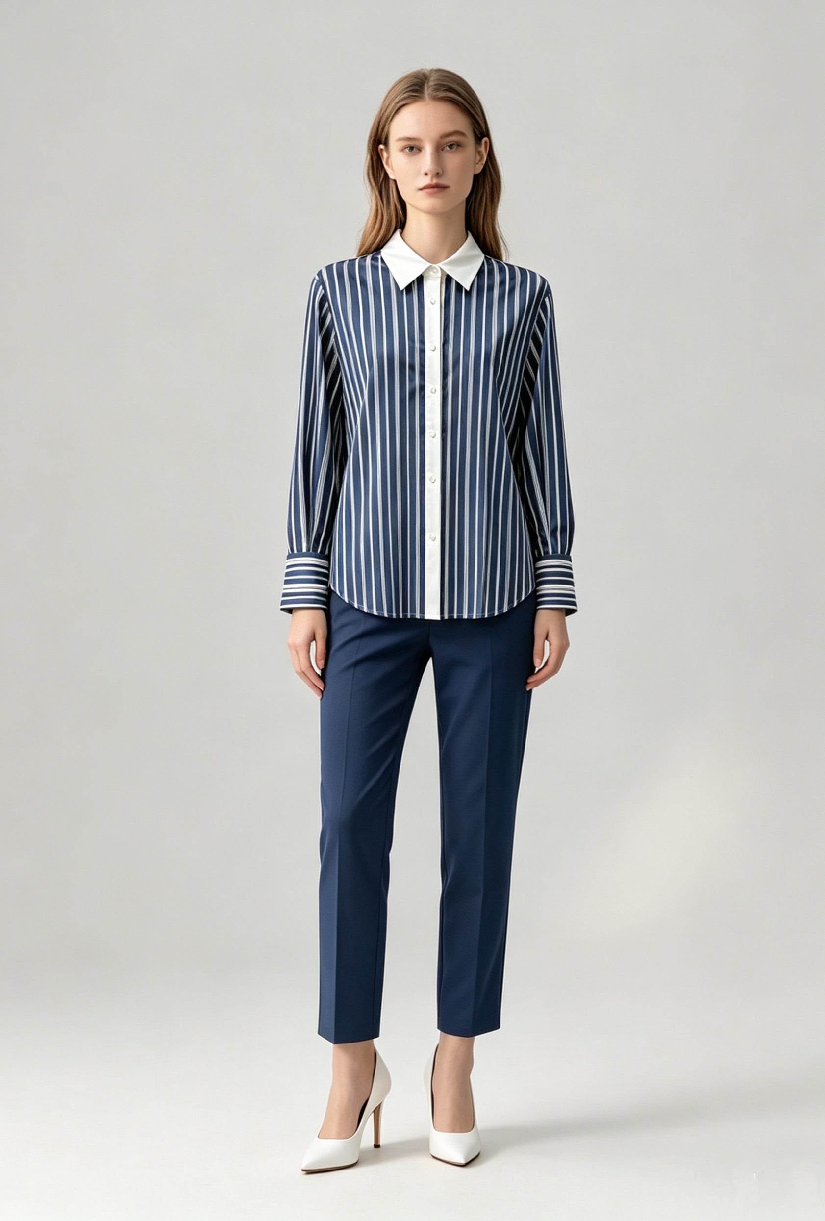 Contrast Collar Stripe Blouse – Blue