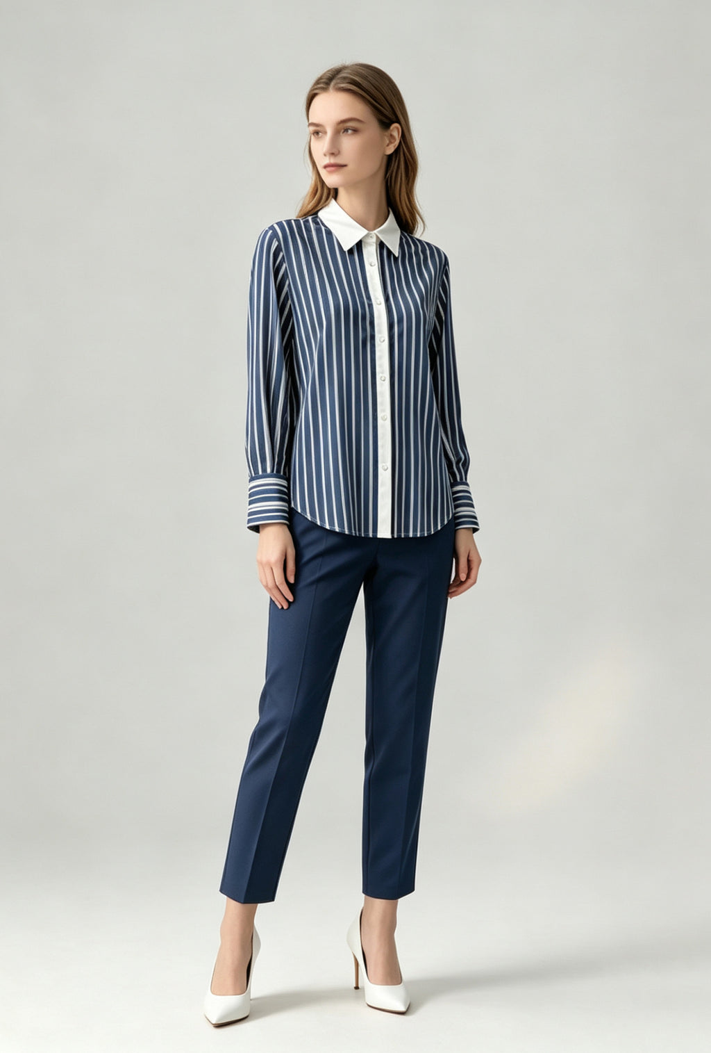 Contrast Collar Stripe Blouse – Blue