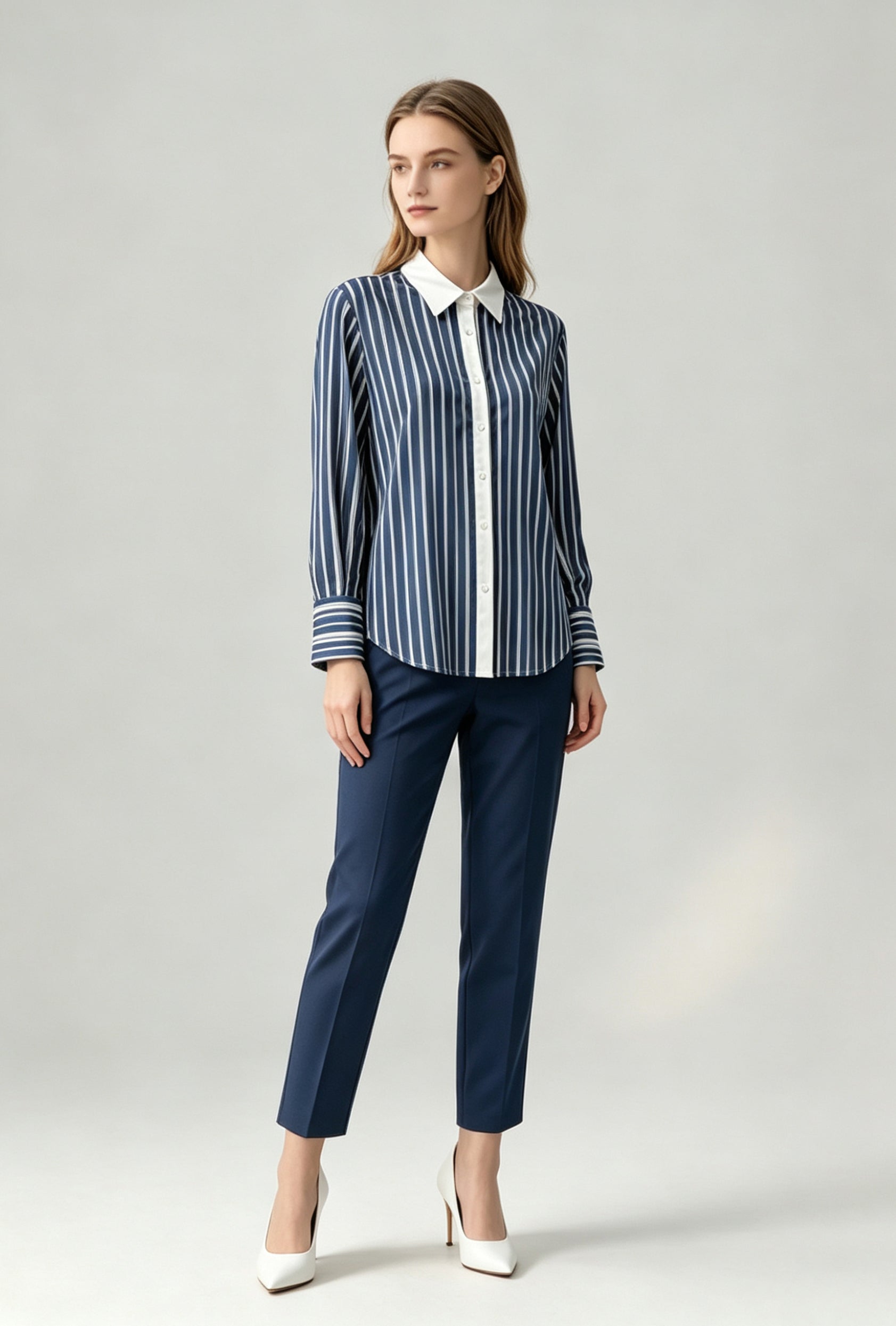Contrast Collar Stripe Blouse – Blue