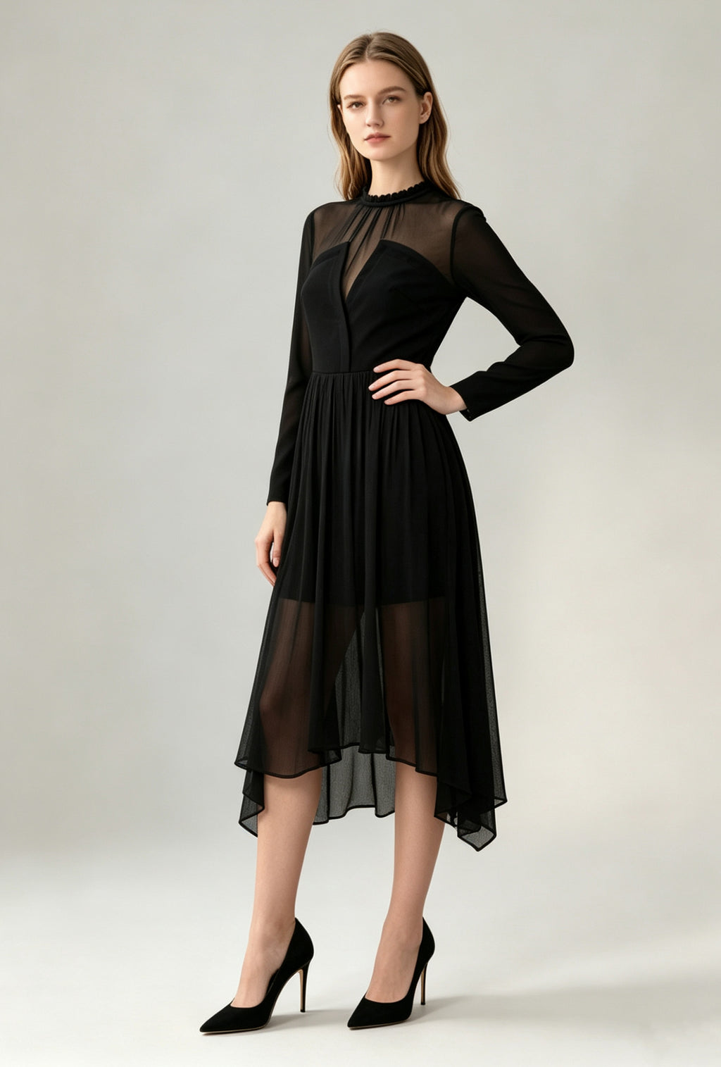 Sheer Overlay Midi Dress