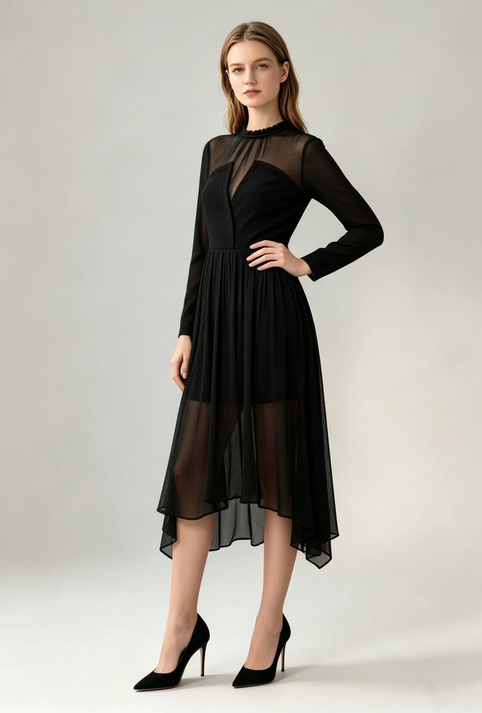Sheer Overlay Midi Dress