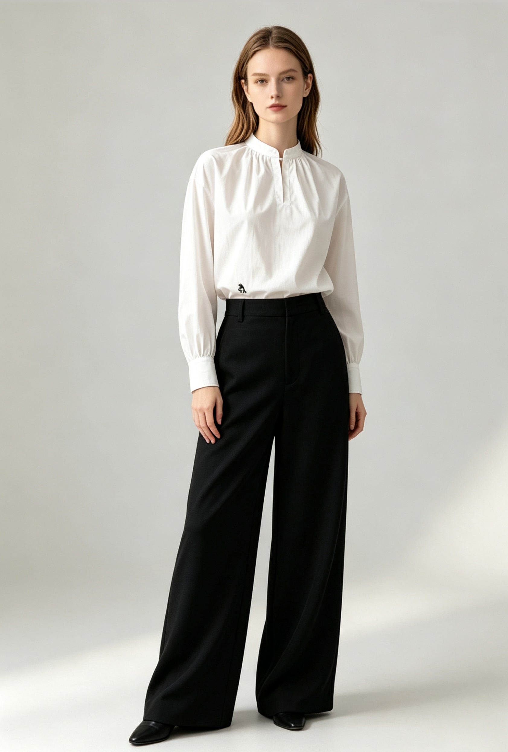 Logo Embroidered Stand Collar Cotton Blouse