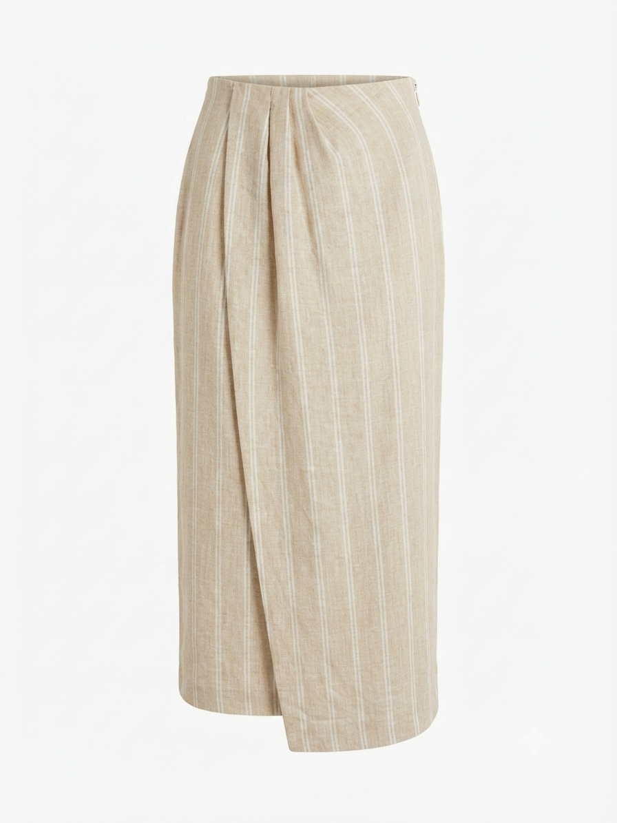 Striped Linen Wrap Midi Skirt